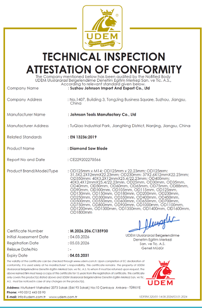 CHINA Johnson Tools Manufactory Co.,Ltd Certificações